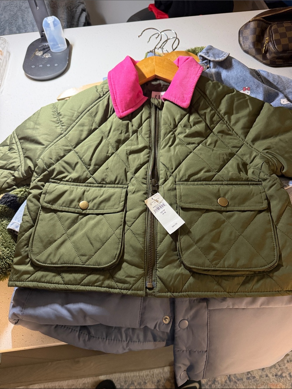 GAP Olive Green Quilted Jacket with Hot Pink Collar